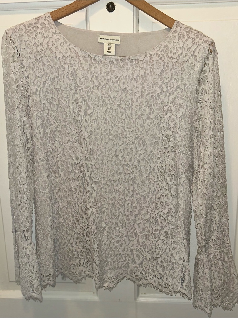 Adrienne Vittadini Lace Long-Sleeve Blouse in Pale Gray, Lined. Size Large. GUC.